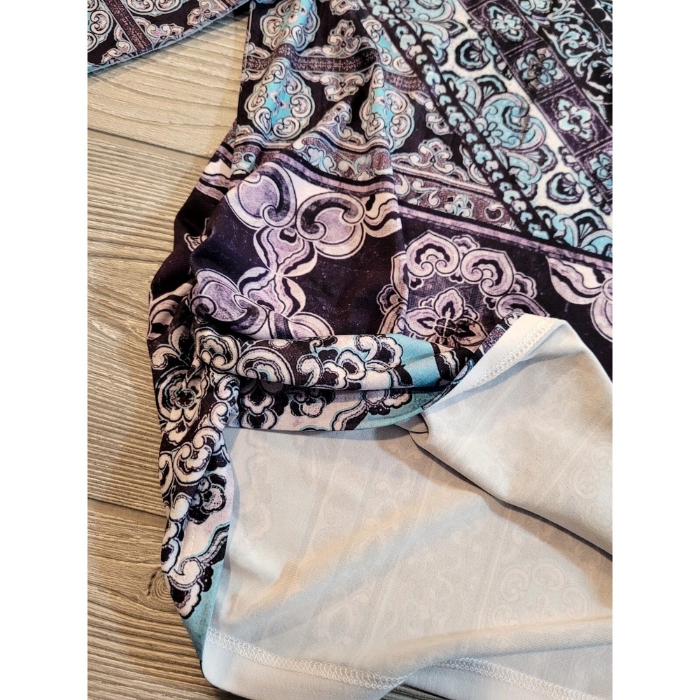 Chicos Medallion Print Rhinestone Draped Tulip Hem Top Purple Blue Size 2 Large - Picture 6 of 7